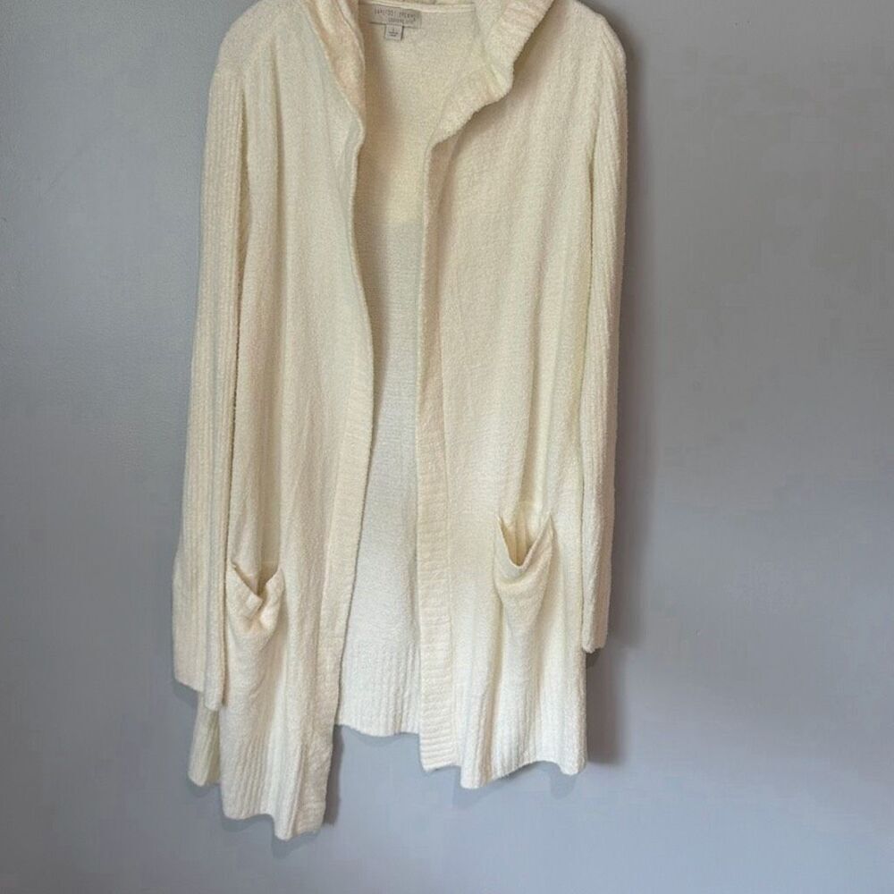 Barefoot Dreams Hooded Cream Pocket Longline Cardigan Large Lagenlook #900